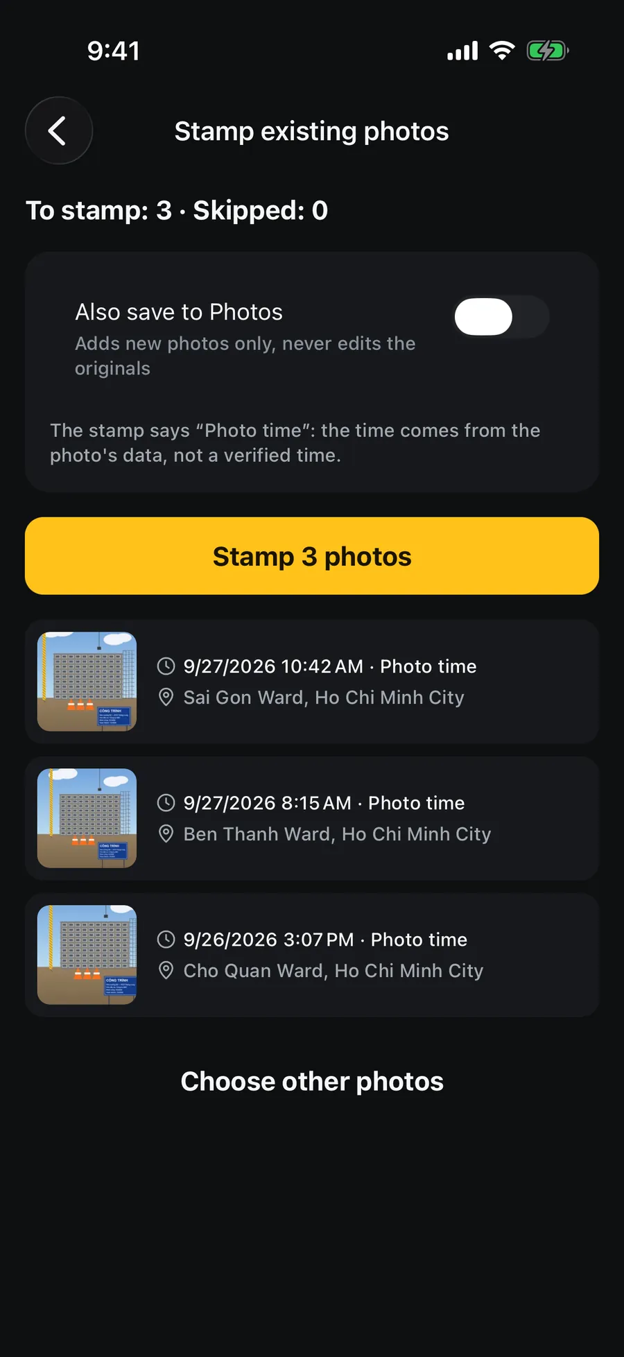 Stamping existing photos: three photos with the time and ward read from the photo's own data, marked Photo time