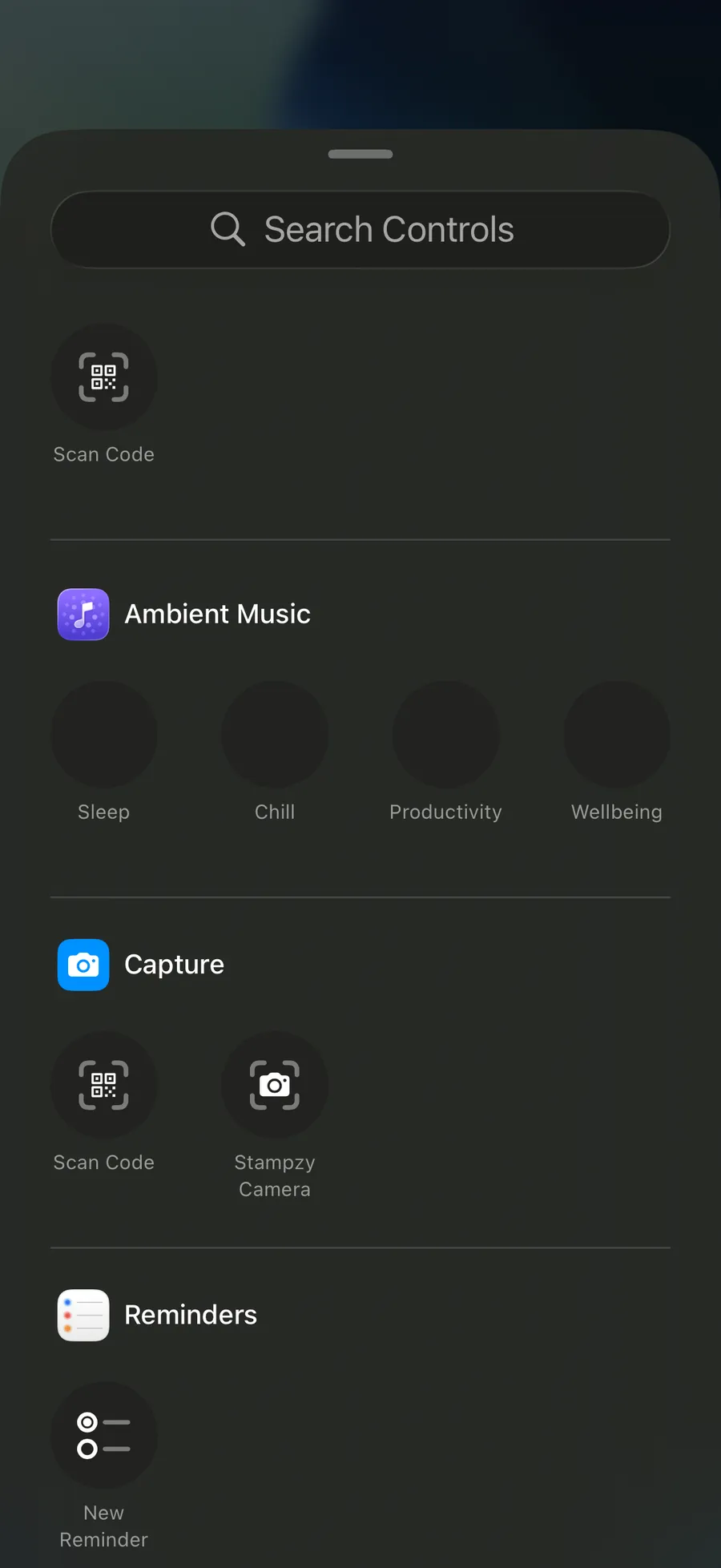 The Stampzy Camera control in the Capture section of iOS Control Center