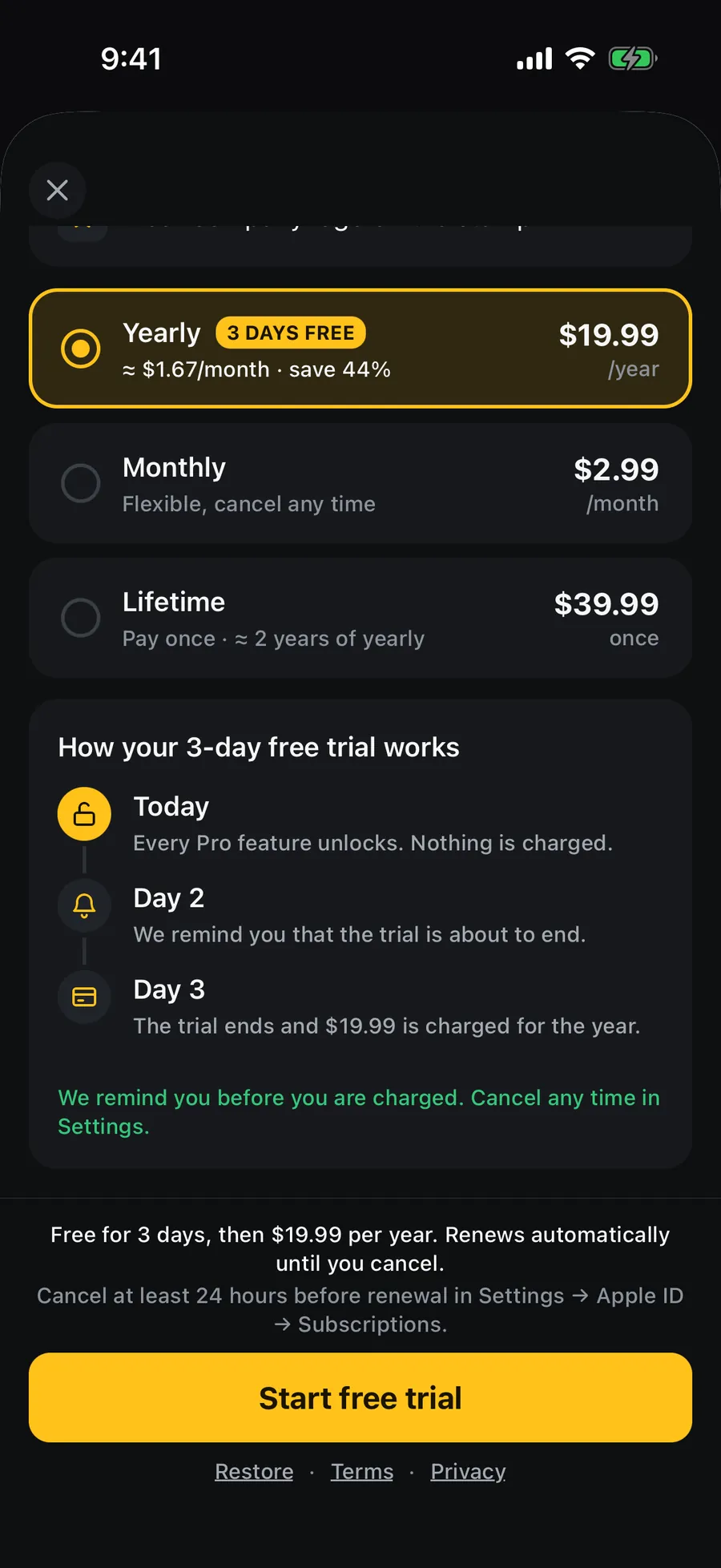 The Stampzy Pro screen: yearly selected with a 3-day free trial, monthly, lifetime and the trial timeline