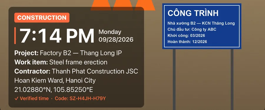 Close-up of the stamp on a saved photo: time, project, work item, the new address, coordinates, Verified time and the photo code