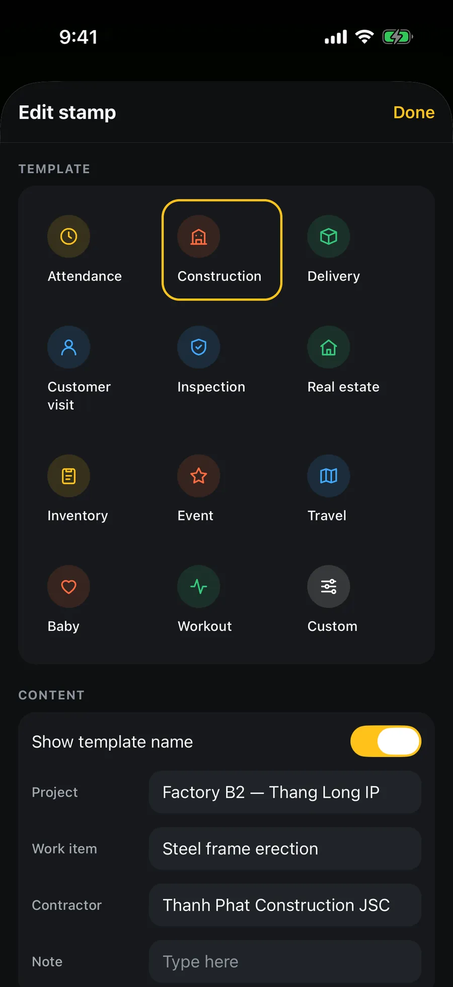 The template picker with 12 templates: Attendance, Construction/Acceptance, Delivery, Customer visit, Inspection/Insurance, Real estate, Inventory, Event, Travel, Baby, Workout, Custom