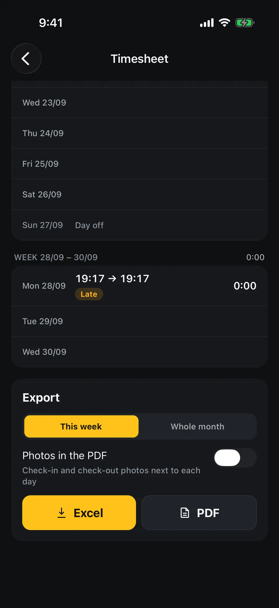 The September timesheet: 28/09 with its check-in and check-out, and the Export timesheet panel with Excel and PDF