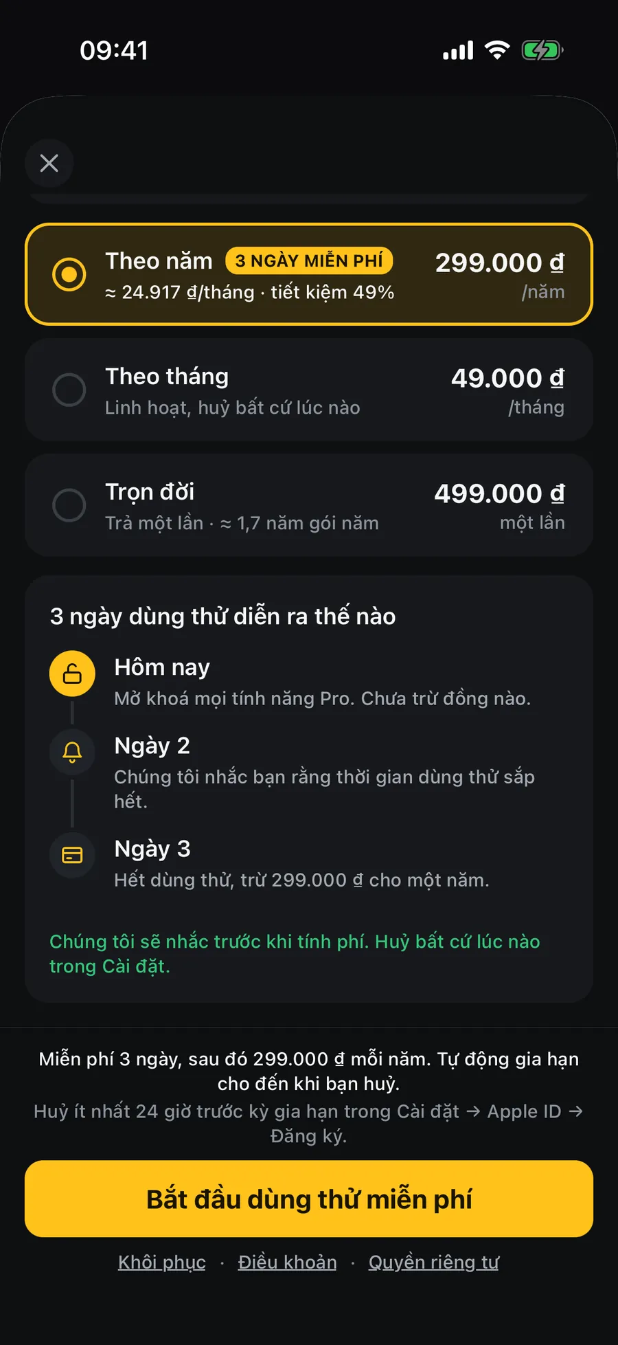 Màn hình Stampzy Pro: gói năm đang chọn với 3 ngày miễn phí, gói tháng, gói trọn đời và lịch trình dùng thử